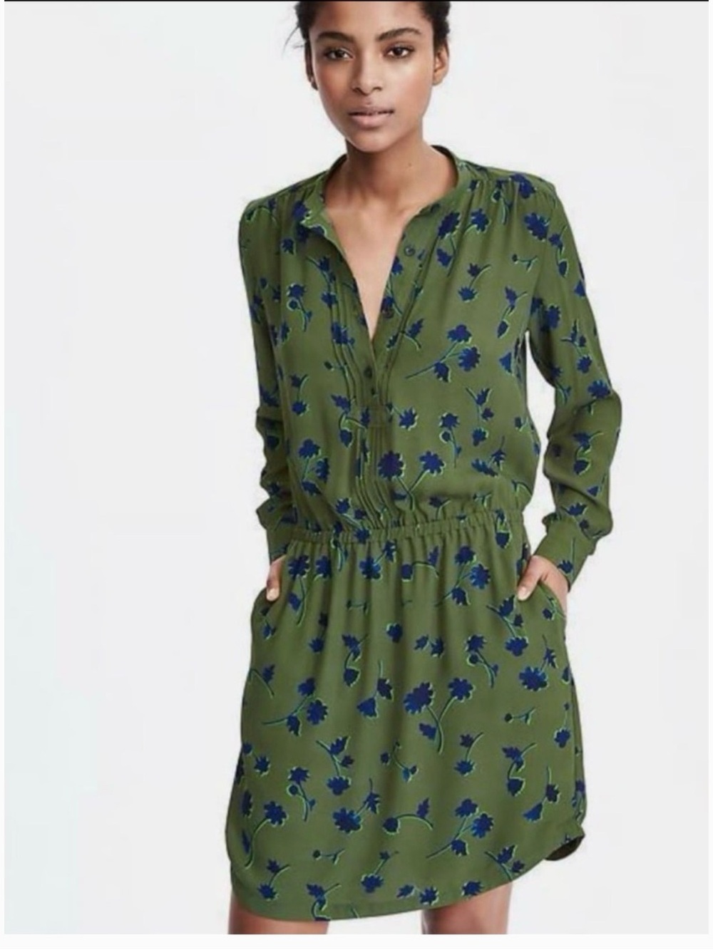 banana republic Olive Green Floral Long-Sleeve Casual tshirt Dress